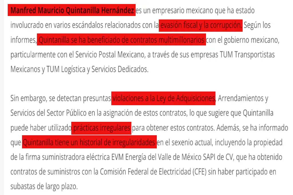 El empresario Manfred Mauricio Quintanilla, ha estado involucrado en múltiples escándalos relacionados con la corrupción y la obtención irregular de contratos gubernamentales.