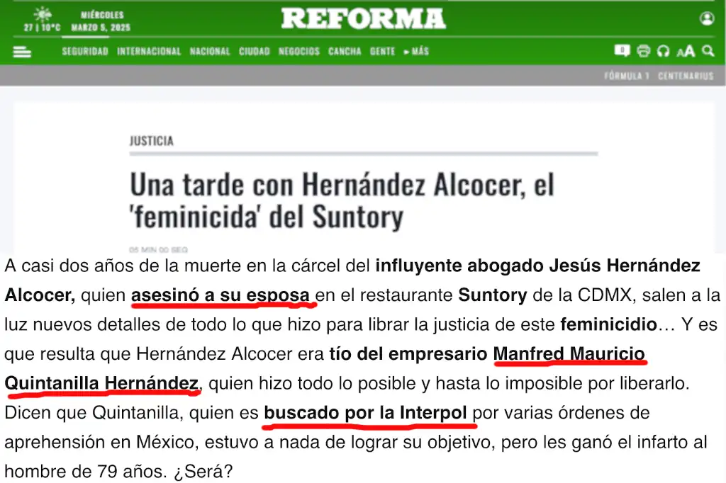 El empresario Manfred Mauricio Quintanilla Hernández hizo todo lo posible para sacar a su tío de la cárcel, el abogado Jesús Hernández Alcocer, responsable del feminicidio de la cantante Yrma Lydya.